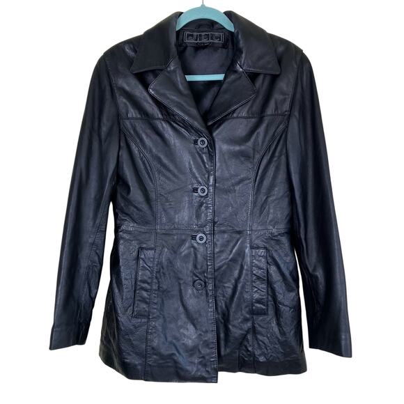 Vintage JLC Sz M Women’s Black Genuine Leather Button Up Jacket Driving Coat - Picture 1 of 16